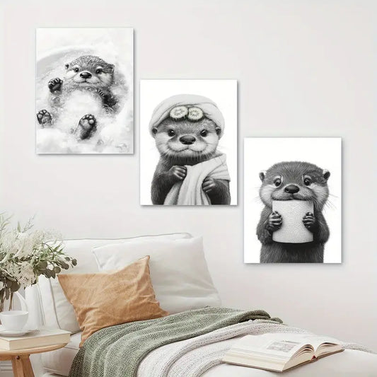 3pcs Adorable Otter Black & White Cartoon Classic Design Metal Print Ready to Hang Art