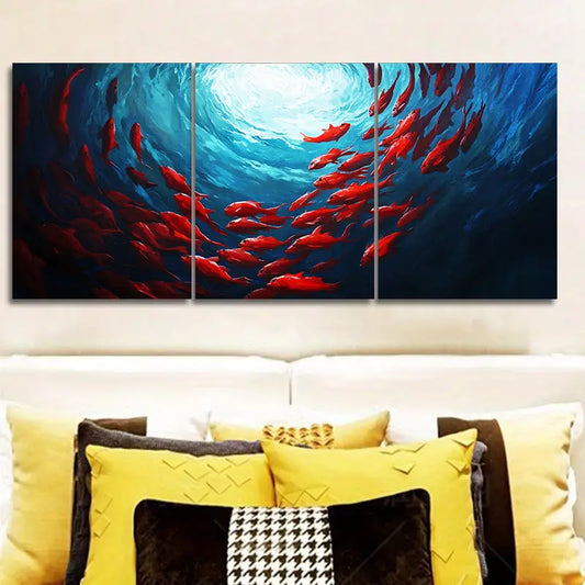 3pcs Red Fish Spiraling in the Sea Metal Print Ready to Hang Art