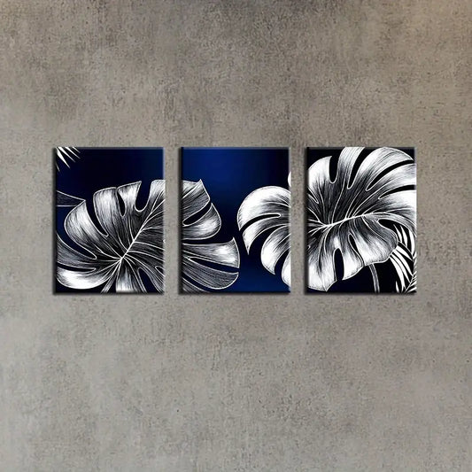 3pcs Abstract Leaves Design Dark Blue & Grey Metal Print Ready to Hang Art