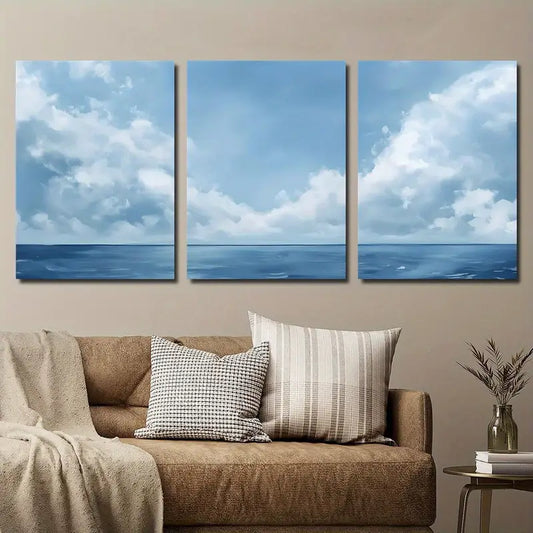 3pcs Tranquil Blue Ocean & Sky with Clouds Beach Metal Print Ready to Hang Art