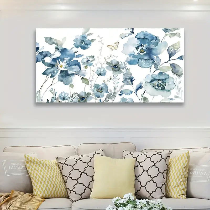 Blue Floral Butterfly Blue and Green Design Wall Art canvas office home room framed 80x45cm