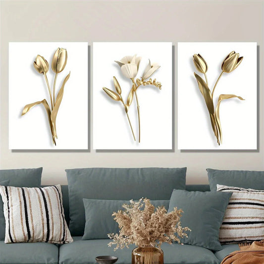 3pcs Modern Minimalist Elegant Flower Design Metal Print Ready to Hang Art