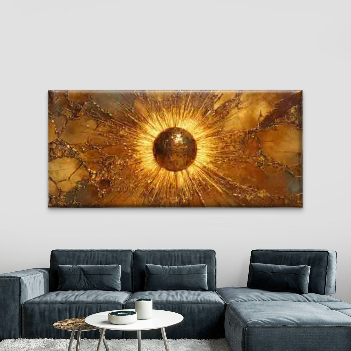 Radiant Golden Sunburst Wall Art Canvas Office Home Room Framed 80x45cm