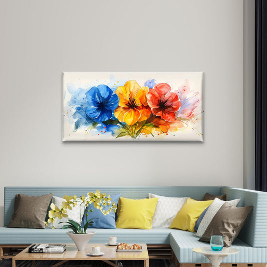 Vibrant Watercolor Floral Trio Blue Yellow Red Blossoms Wall Art Canvas Office Home Room Framed 80x45cm