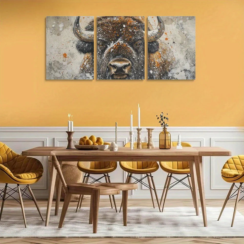 3pcs Watercolor Painting of an Angry Bison Metal Print Ready to Hang Art