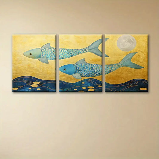 3pcs Magical Goldfish Abstract Yellow Blue Design Metal Print Ready to Hang Art