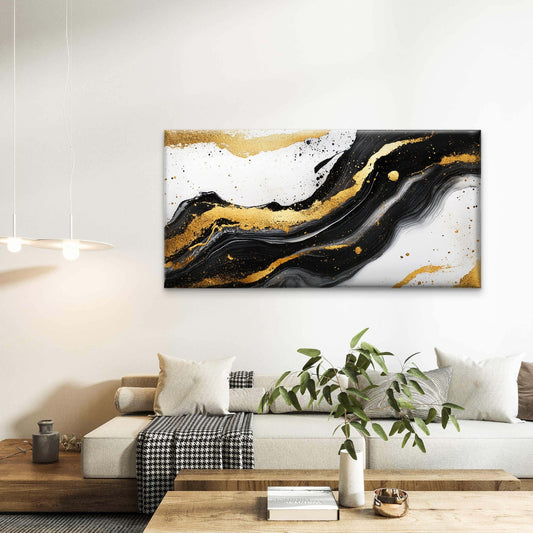 Black Gold Fluid Abstract Wall Art Canvas Office Home Room Framed 80x45cm