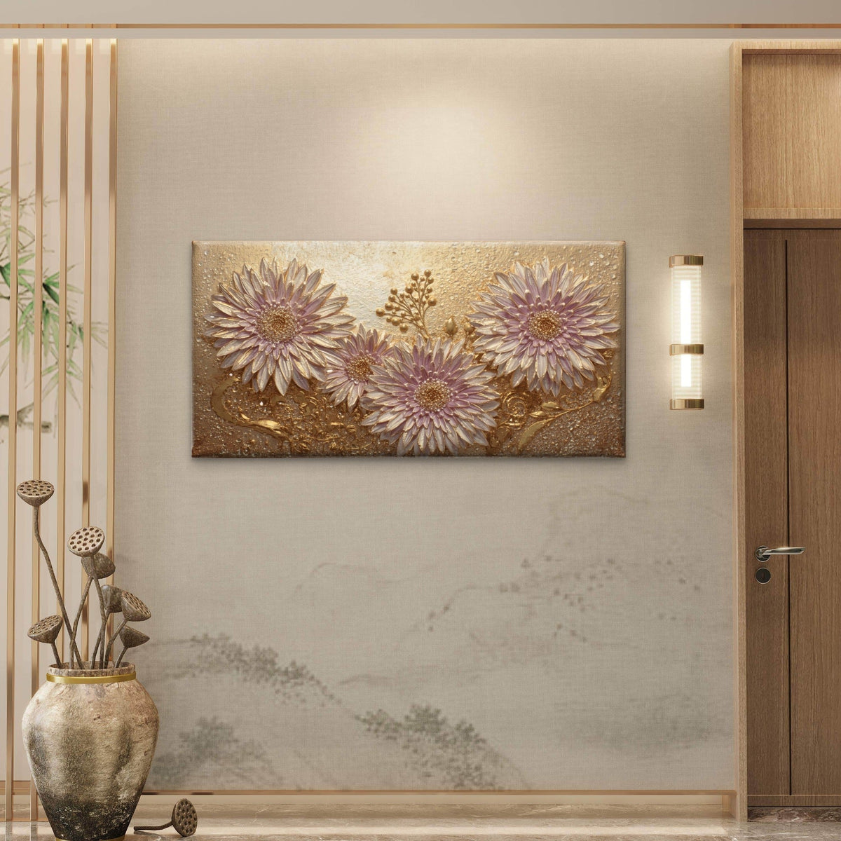 Pink Gold Textured Flower Wall Art Canvas Office Home Room Framed 120x60cm