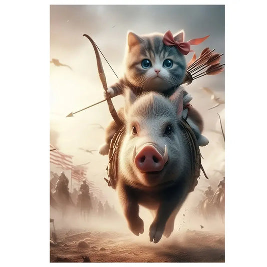 Whimsical Cat Archer & Pig Battle Scene Canvas Art Print 100% Australian Made 40x60cm Stretched Canvas Ready to Hang