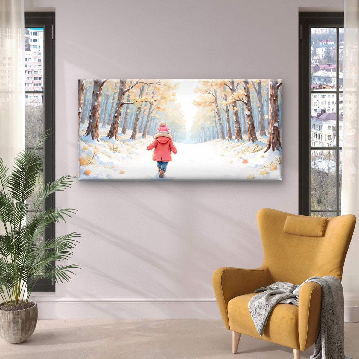 Little Girl Winter Snow Wall Art Canvas Office Home Room Framed 80x45cm