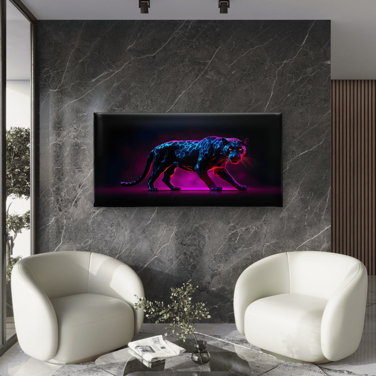 Neon Blue And Pink Glowing Panther Wildlife Predator Cyberpunk Style Wall Art Canvas Office Home Room Framed 80x45cm
