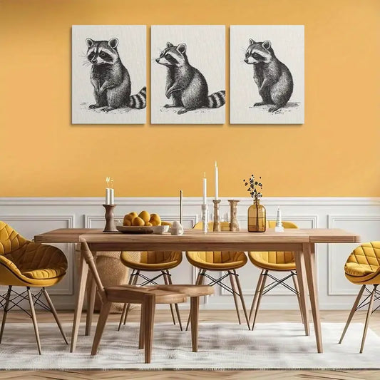 3pcs Vintage Raccoon Illustration Classic Design Metal Print Ready to Hang Art