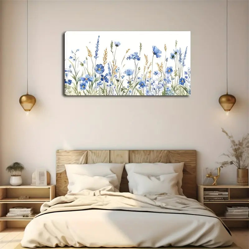 Meadow Blue Cornflower Wall Art Canvas Office Home Room Framed 120x60cm