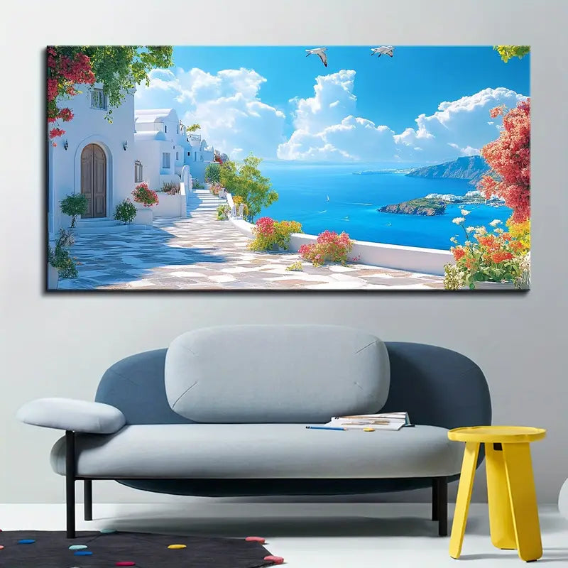 Santorini Seascape Artwork wall canvas office home room framed 80x45cm