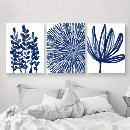 3pcs Watercolor Blue Flower & Leaves Classic Design Metal Print Ready to Hang Art