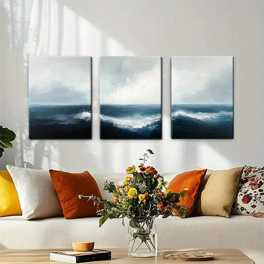 3pcs Gentle Flowing Waves and Soft Sky Hues Metal Print Ready to Hang Art