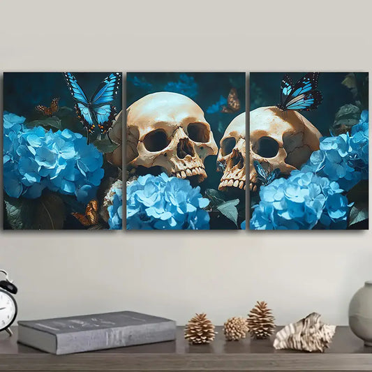 3pcs Skulls and Blue Flowers with Butterflies Metal Print Ready to Hang Art