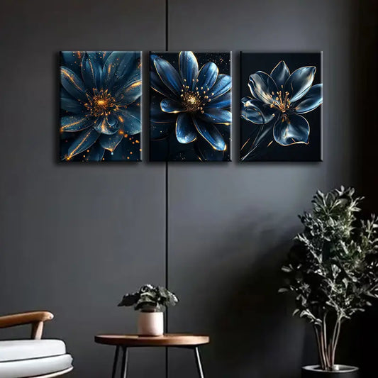 3pcs Blue and gold flower Metal Print Ready to Hang Art