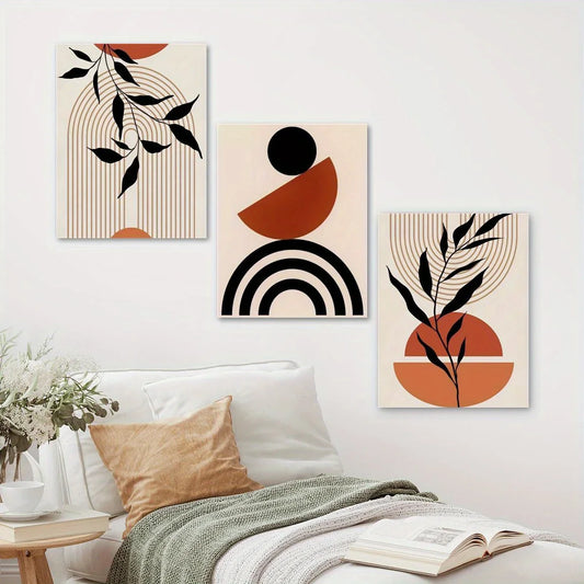 3pcs Boho Mid Century Modern, Neutral Color Design Metal Print Ready to Hang Art