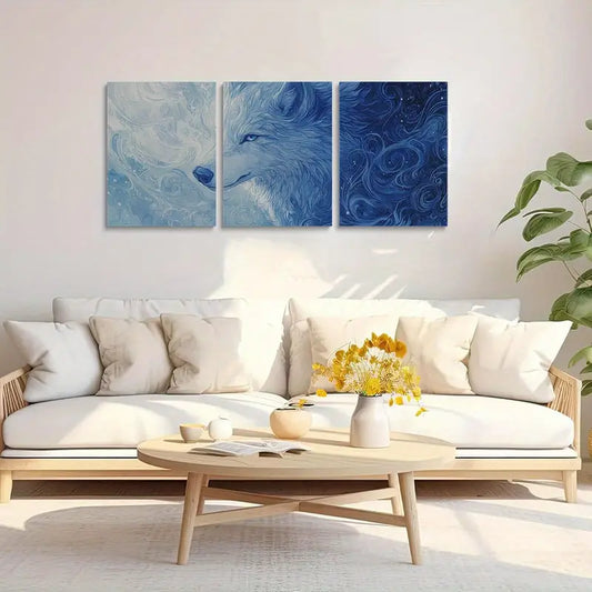 3pcs Blue and White Fur Wolf Design Elegant Metal Print Ready to Hang Art