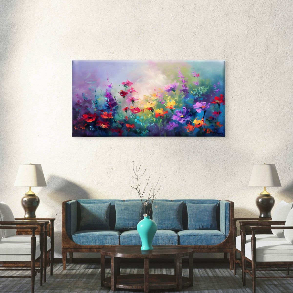 Vibrant Floral Meadow Wall Art Canvas Office Home Room Framed 120x60cm
