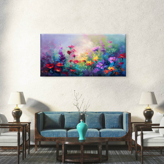 Vibrant Floral Meadow Wall Art Canvas Office Home Room Framed 80x45cm