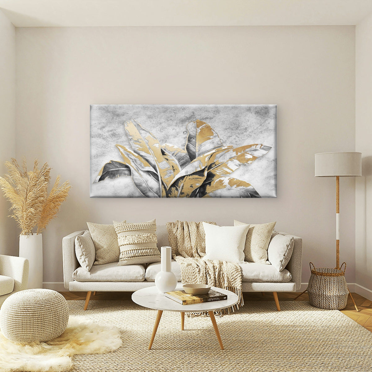 Modern Gold Banana Leaves Foil Wall Art Canvas Office Home Framed 120x60cm
