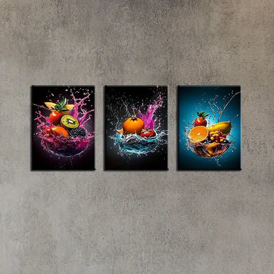 3pcs Vibrant Abstract Fruit Water Splash Metal Print Ready to Hang Art