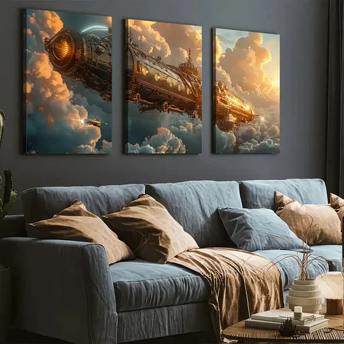 3pcs Steam Mechanical Flying Machine Abstract Art Flying Ship Wall Art Set Canvas Framed 60x90cm - High Quality Print 100% Australian Made Wall Canvas Ready to Hang