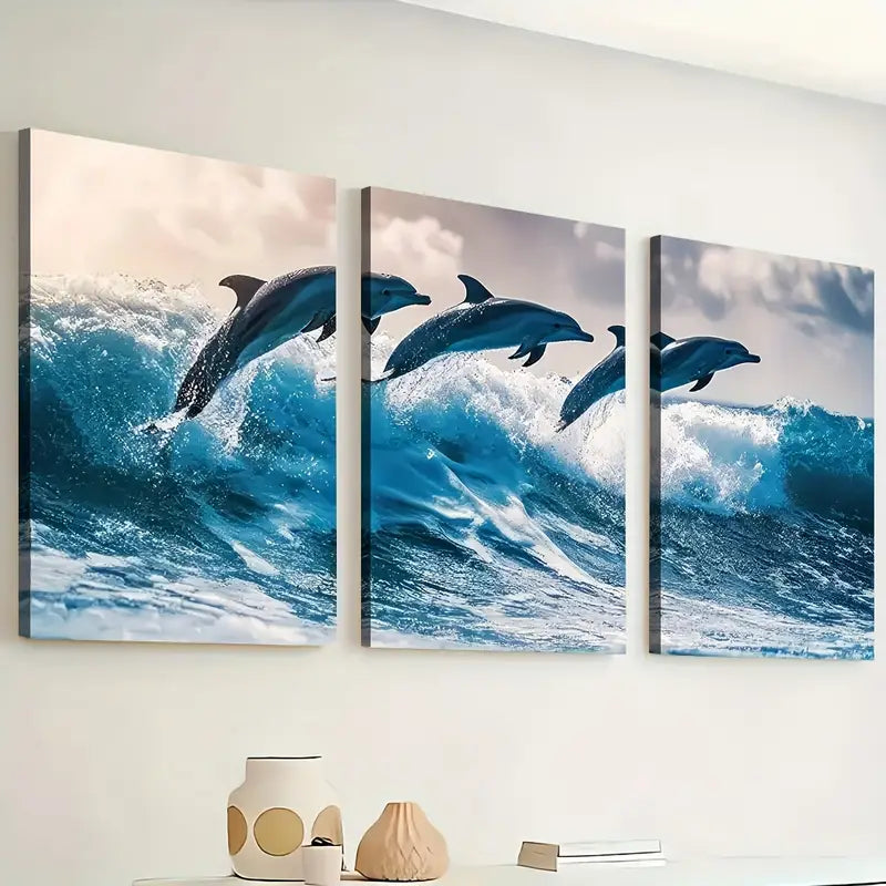 3pcs Modern Style Ocean Wave Dolphin Animal Landscape Art Wall Art Set Canvas Framed 40x60cm - High Quality Print 100% Australian Made Wall Canvas Ready to Hang