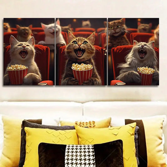 3pcs Whimsical Kitten Movie Night Metal Print Ready to Hang Art