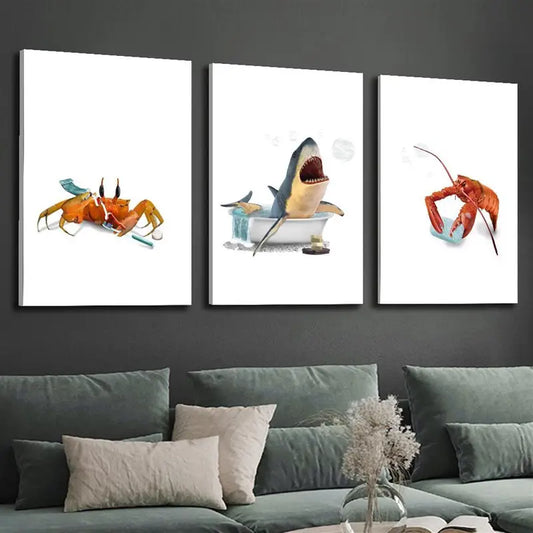 3pcs Funny Shark, Cute Crab & Coastal Lobster Metal Print Ready to Hang Art