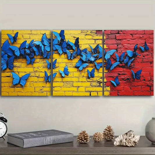 3pcs Butterflies on Brick Metal Print Ready to Hang Art