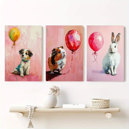 3pcs Balloons & Puppy, Guinea Pig, Rabbit Classic Design Metal Print Ready to Hang Art