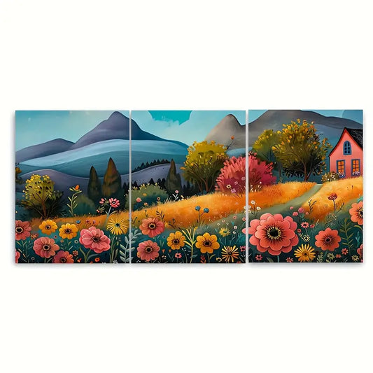 3pcs Colorful Meadow Cheerful Flowers Metal Print Ready to Hang Art