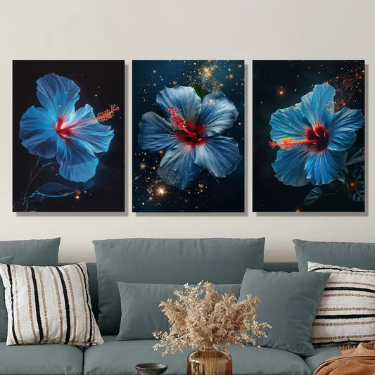 3pcs Blue Hibiscus Flower Botanical Night Metal Print Ready to Hang Art