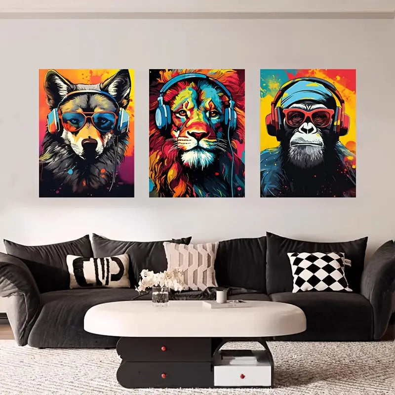 3pcs Colorful Headphones Design Animals Metal Print Ready to Hang Art