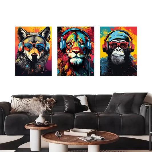 3pcs Colorful Headphones Design Animals Metal Print Ready to Hang Art