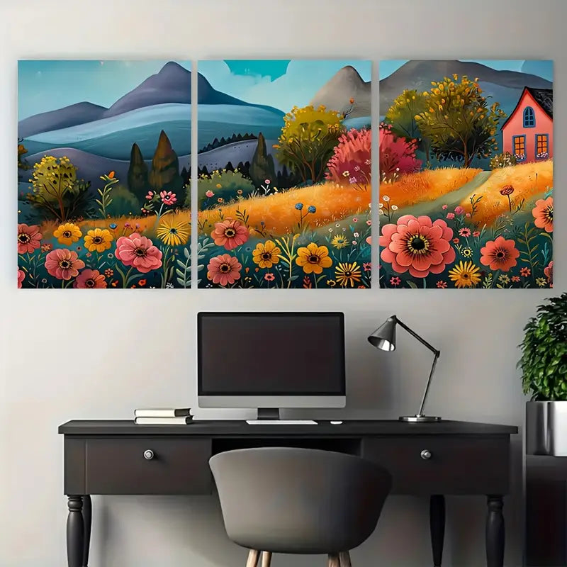 3pcs Colorful Meadow Cheerful Flowers Metal Print Ready to Hang Art