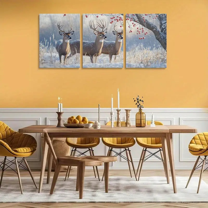 3pcs Winter Deer Scene with Snowy Field & Red Berries Metal Print Ready to Hang Art