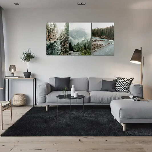 3pcs Mountain River Triptych with Forest Mountain Metal Print Ready to Hang Art