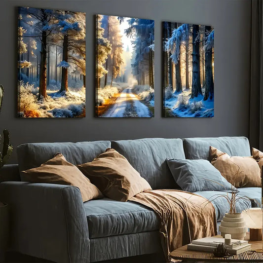 3pcs Modern Winter Snow Forest Art Wall Art Set Canvas Framed 40x60cm - High Quality Print 100% Australian Made Wall Canvas Ready to Hang