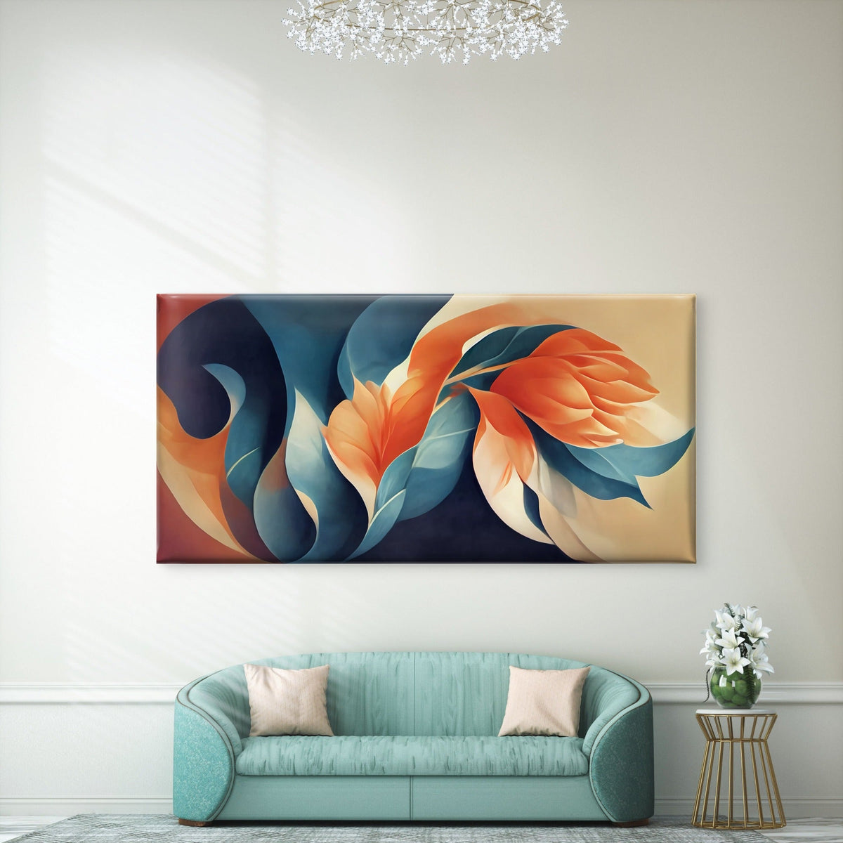 Blue Orange Floral Abstract Wall Art Canvas Office Home Room Framed 80x45cm