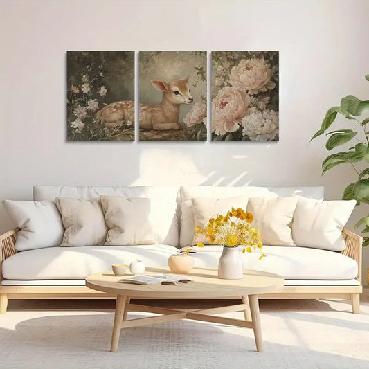 3pcs Rustic Deer and Fawn Floral and Fauna Design Metal Print Ready to Hang Art