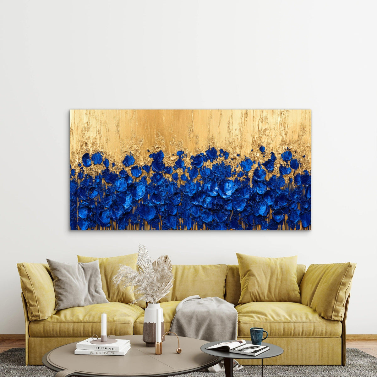 Golden Blue Floral Dreams Wall Art Canvas Office Home Room Framed 120x60cm