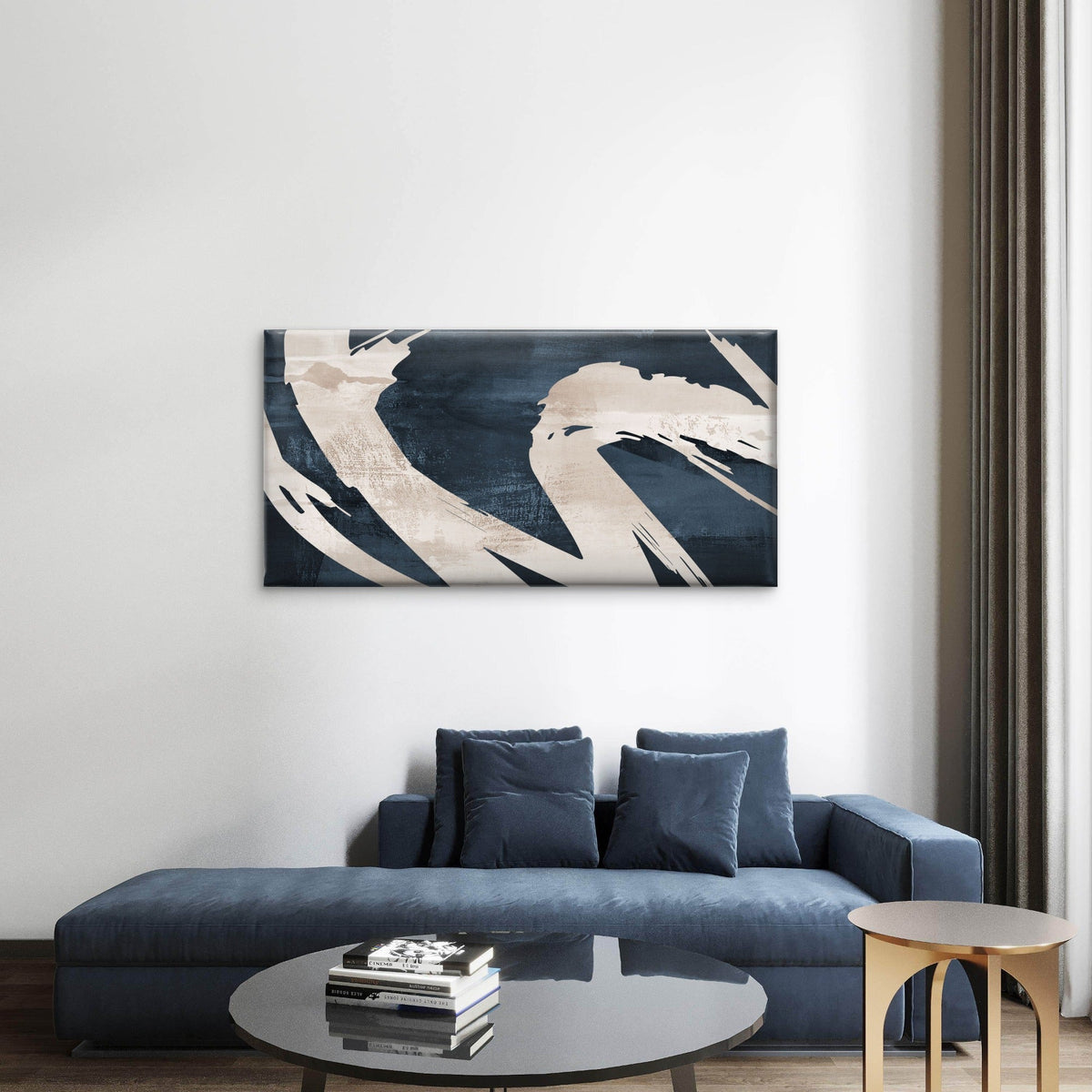 Abstract Navy Blue Beige Splash Wave Wall Art Canvas Office Home Framed 80x45cm