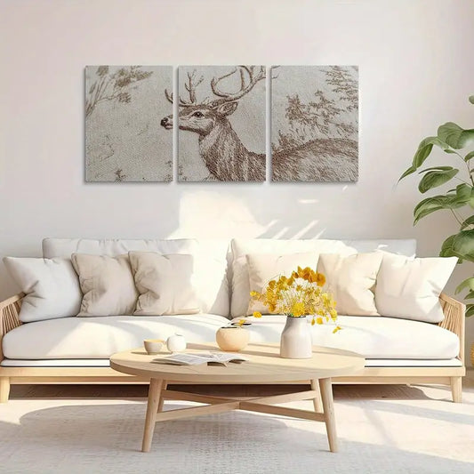 3pcs Beige Glitter Deer Brown Line Design Metal Print Ready to Hang Art