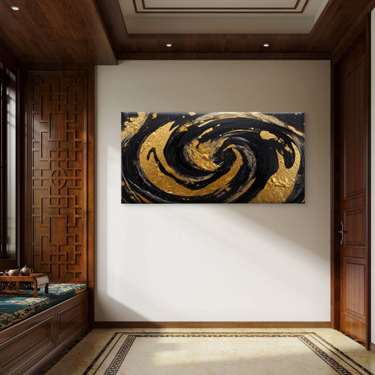 Gold Black Swirl Painting Wall Art Canvas Office Home Room Framed 80x45cm
