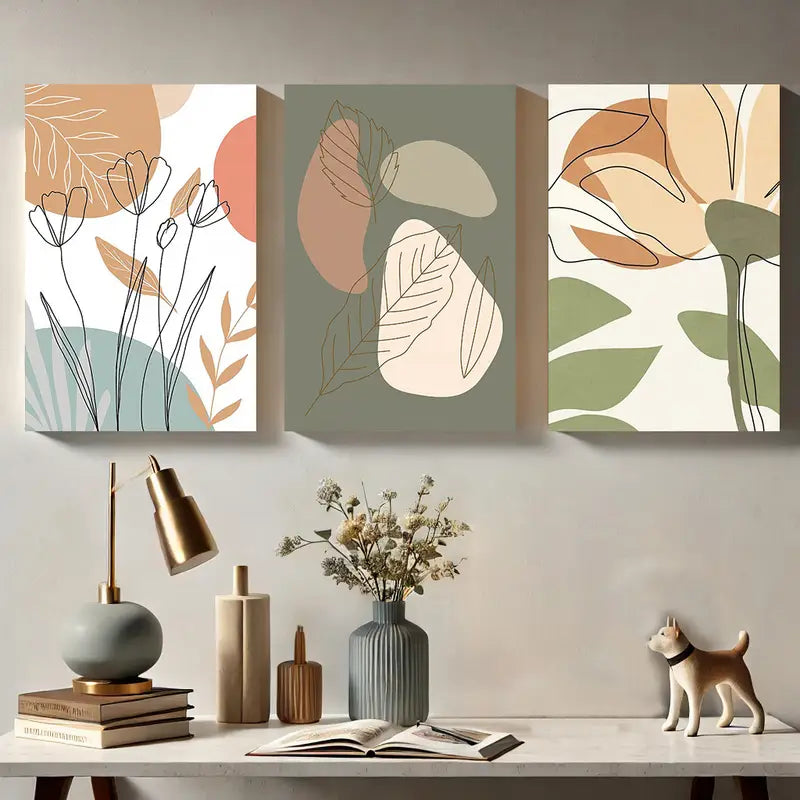 3pcs Abstract Botanical Minimalist Line Art with Earthy Tones Metal Print Ready to Hang Art