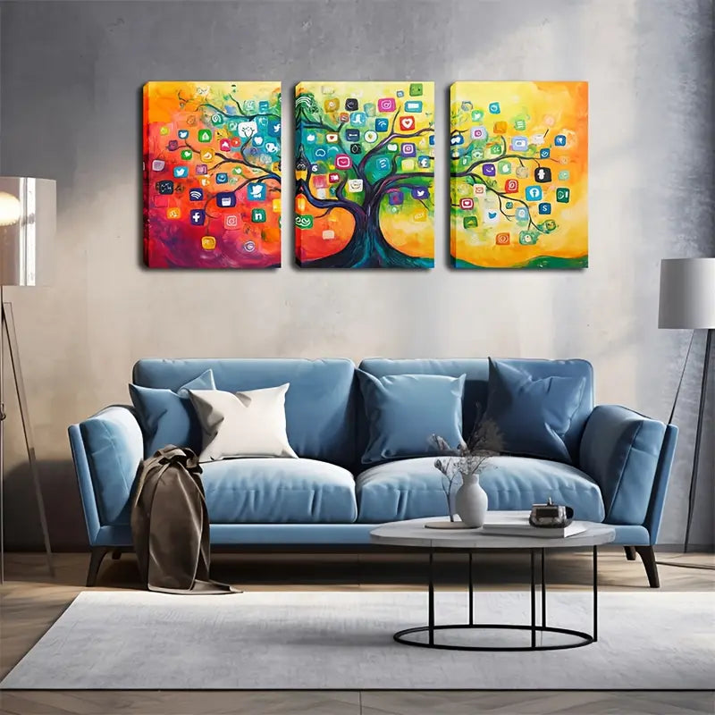 3pcs Vibrant Abstract Tree with Technology & Nature Elements Metal Print Ready to Hang Art